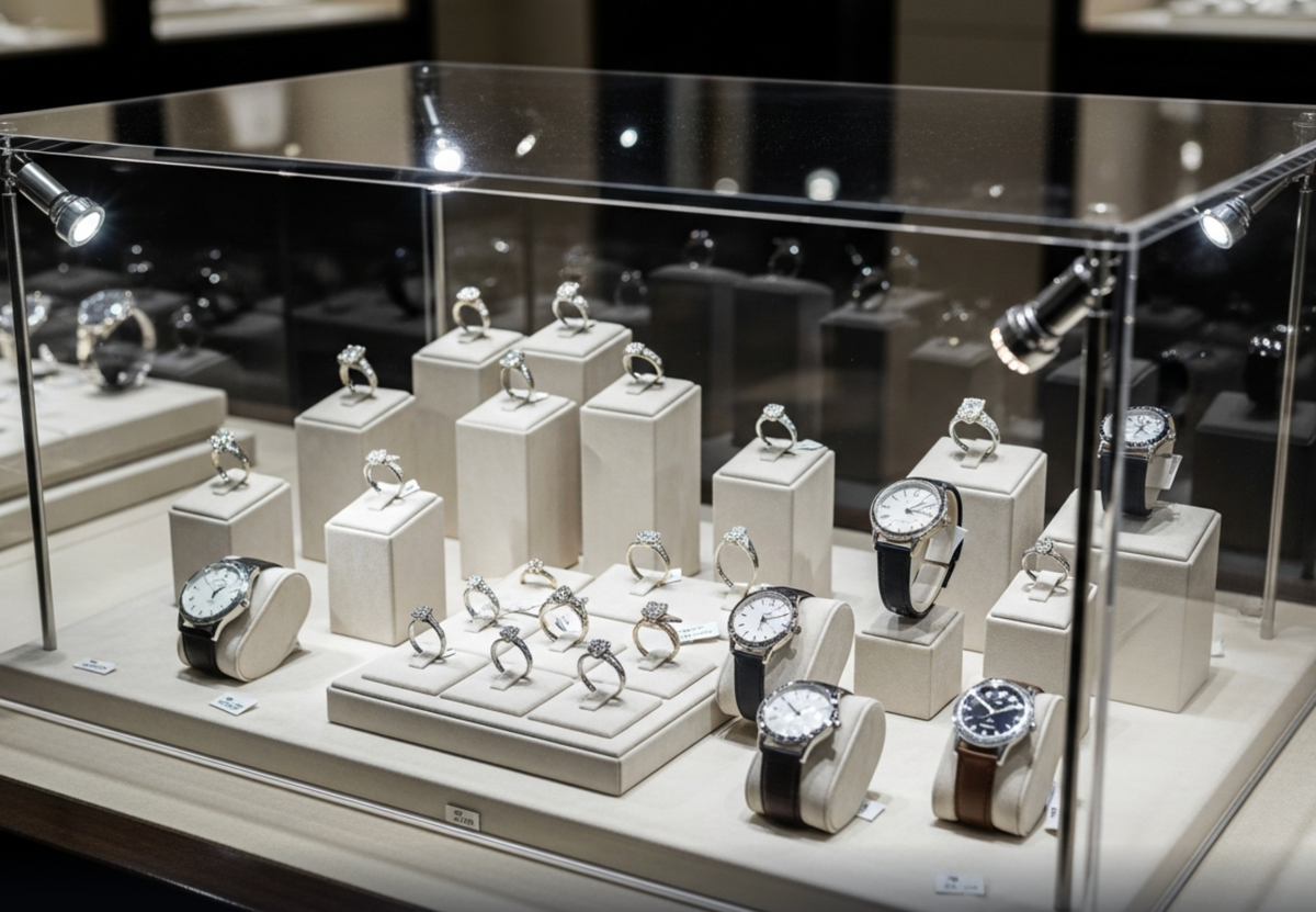 Horloges en ringen op witte houders in een verlichte winkelvitrine.