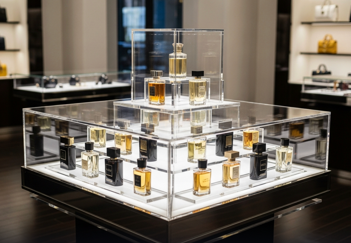 Parfumflessen op transparante getrapte displays in een winkel.