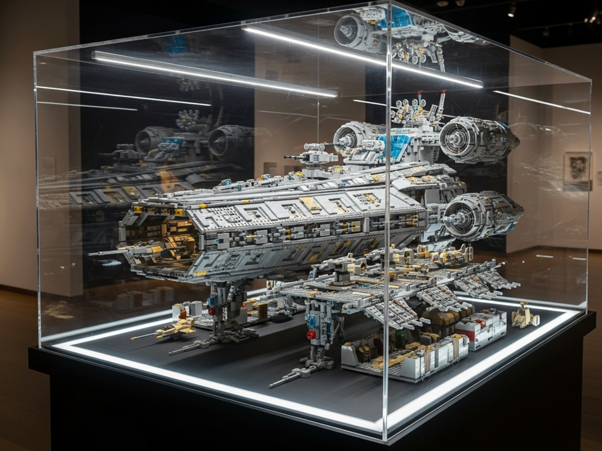 Groot ruimteschipmodel in een transparante vitrine met verlichte basis.